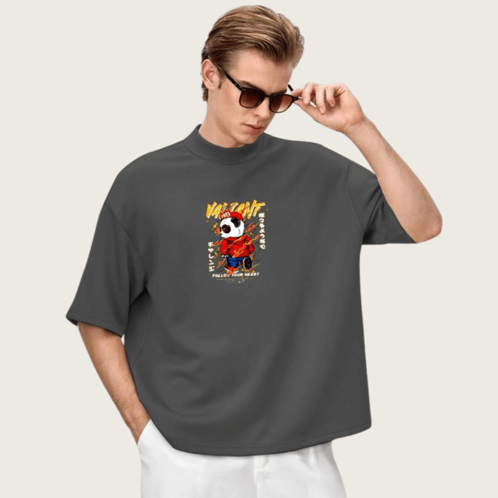 DROP SHOUILDER MEN'S PANDA GRAPHIC PRINTED TEE-SHIRT FOR MENS (BLACK)