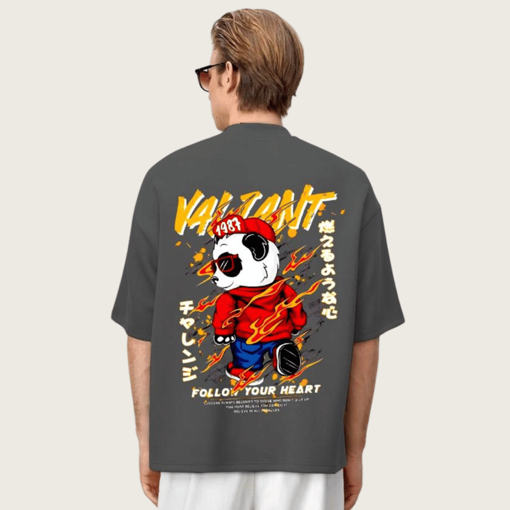 DROP SHOUILDER MEN'S PANDA GRAPHIC PRINTED TEE-SHIRT FOR MENS (BLACK)