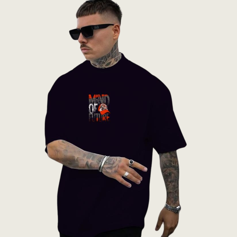 DROP SHOUILDER MIND OF FUTURE PRINTED TEE SHIRT FOR MENS  (BLACK)