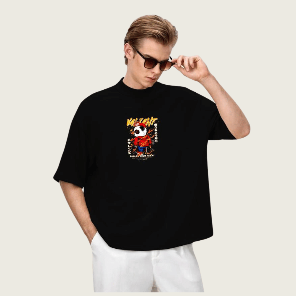 DROP SHOUILDER MEN'S PANDA GRAPHIC PRINTED TEE-SHIRT FOR MENS (BLACK)