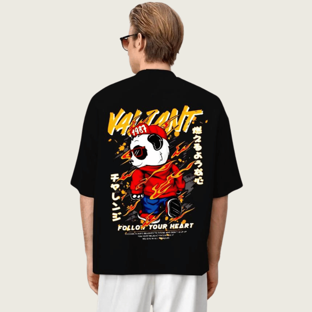 DROP SHOUILDER MEN'S PANDA GRAPHIC PRINTED TEE-SHIRT FOR MENS (BLACK)