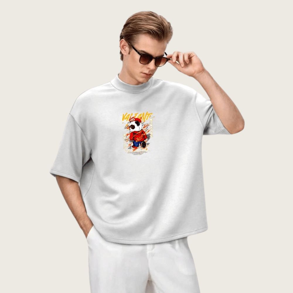 DROP SHOUILDER MEN'S PANDA GRAPHIC PRINTED TEE-SHIRT FOR MENS (BLACK)