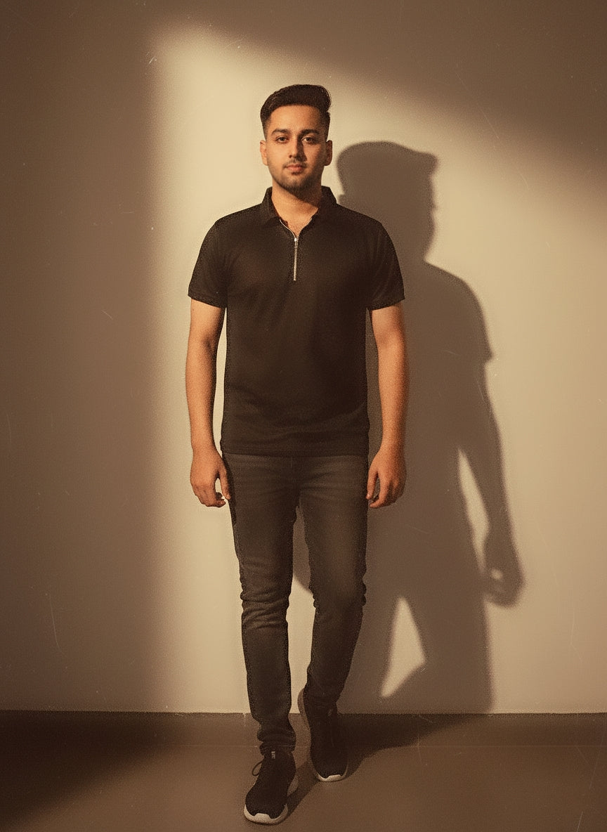 Men’s Waffle Zip POLO.(Black)