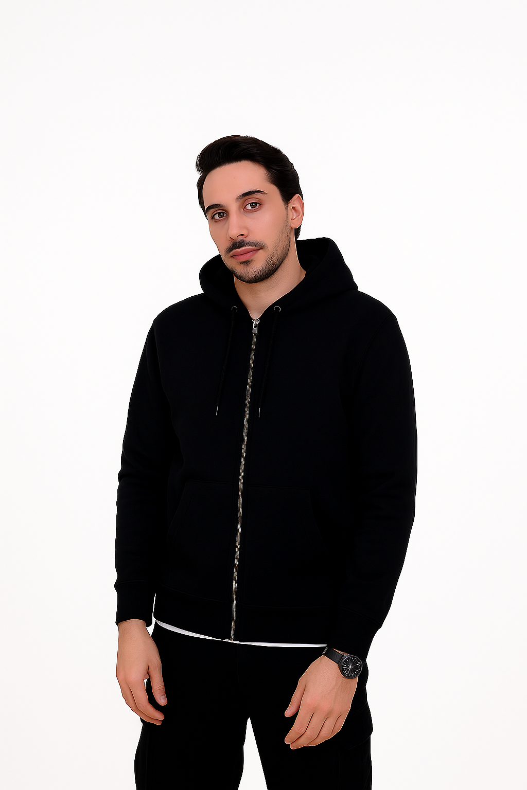 Black Regular Fit Rich Jersey Fabric Zip-Up