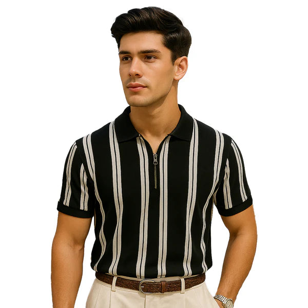 Lining Printed Zipper Collar Shirt  Korean Style Casual Polo | Black