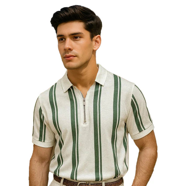 Lining Printed Zipper Collar Shirt  Korean Style Casual Polo | Green