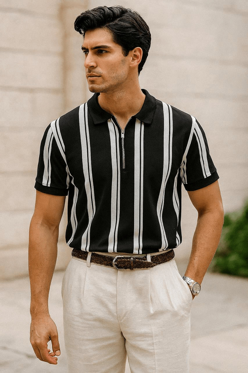 Lining Printed Zipper Collar Shirt  Korean Style Casual Polo | Black