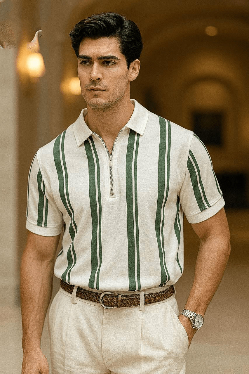 Lining Printed Zipper Collar Shirt  Korean Style Casual Polo | Green