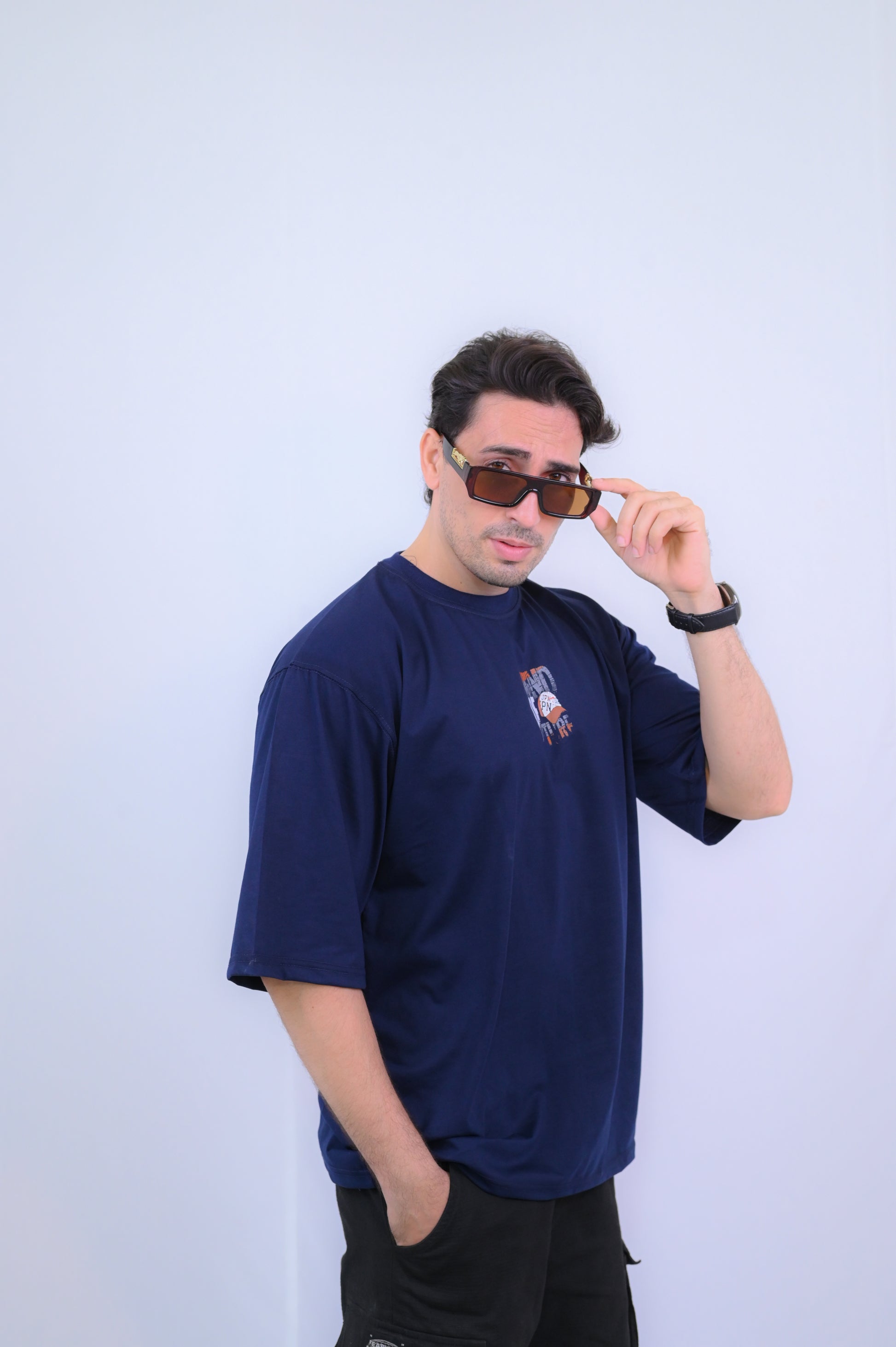DROP SHOUILDER MIND OF FUTURE PRINTED TEE SHIRT FOR MENS  (NAVY BLUE)