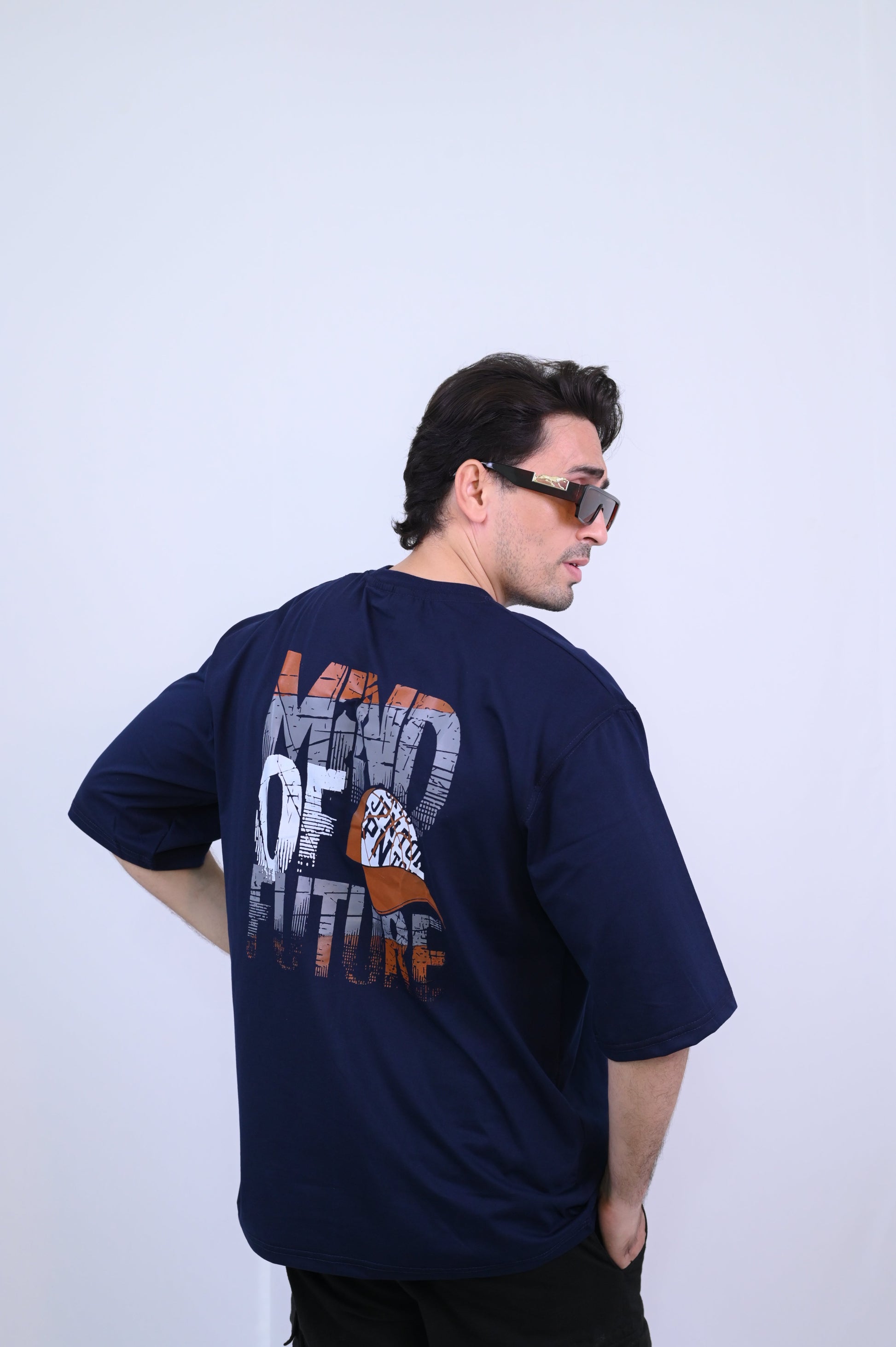 DROP SHOUILDER MIND OF FUTURE PRINTED TEE SHIRT FOR MENS  (NAVY BLUE)