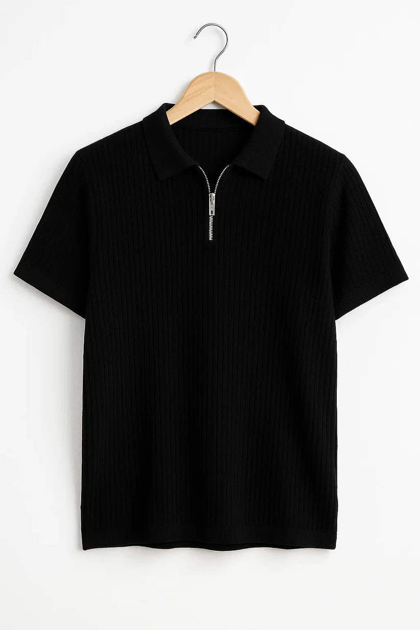 Men’s Waffle Zip POLO.(Black)